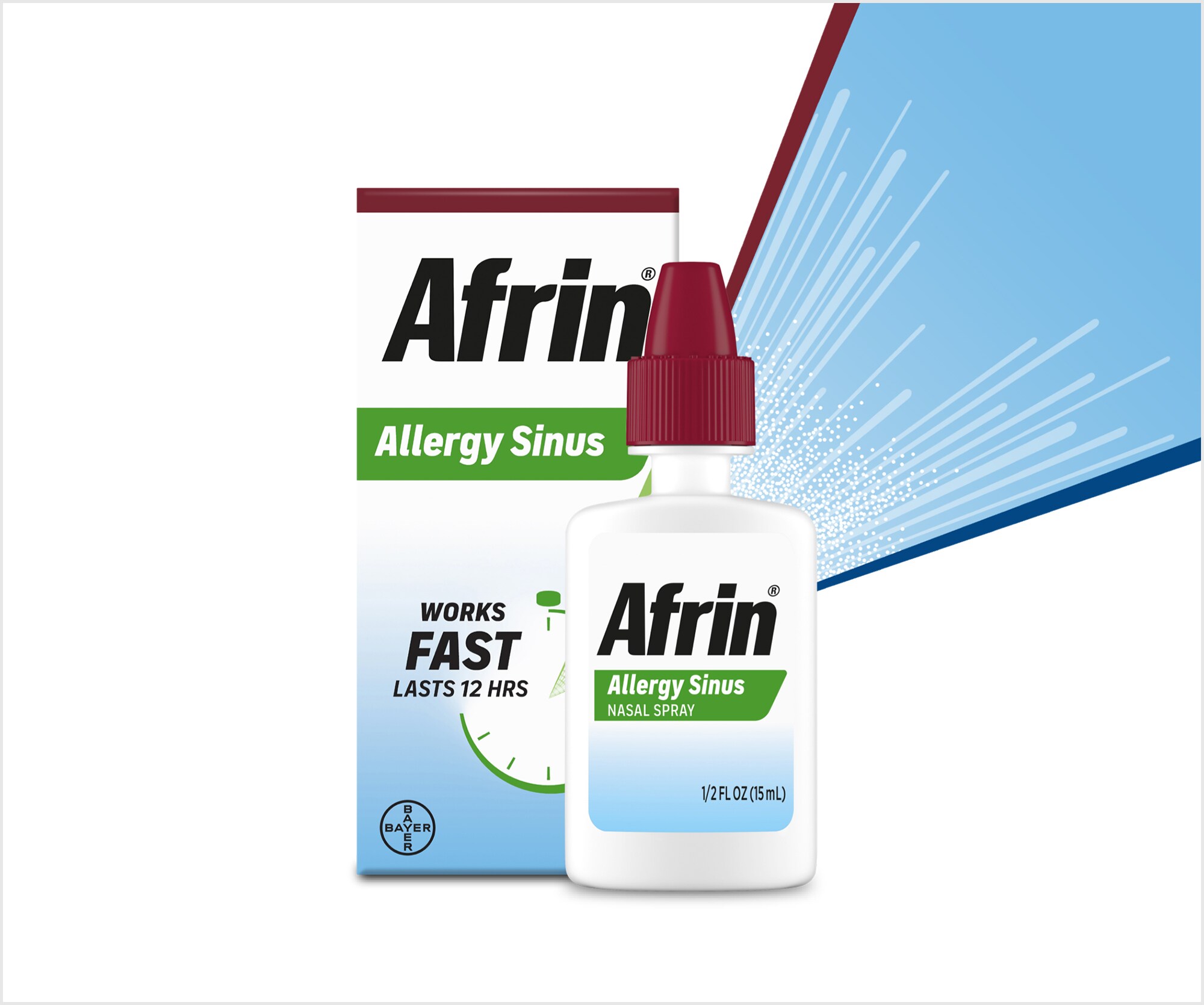 Afrin allergy sinus nasal spray packaging next to nasal spray bottle