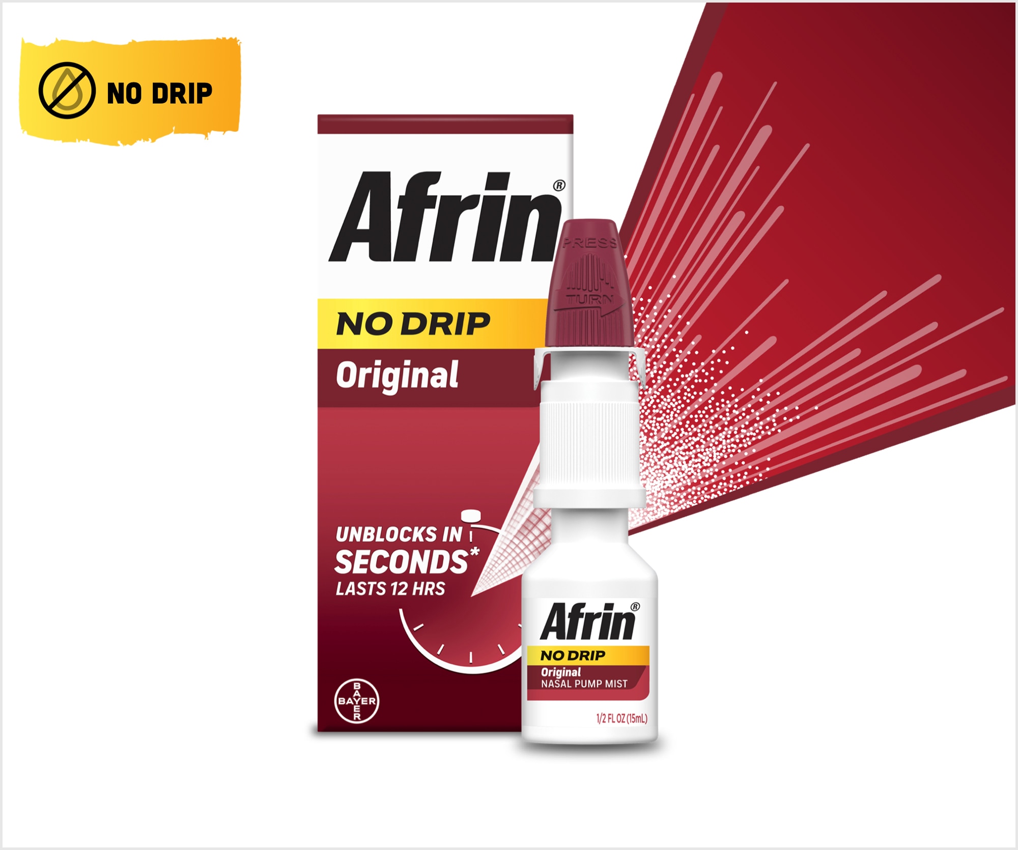 Afrin original no drip nasal spray packaging next to nasal spray bottle